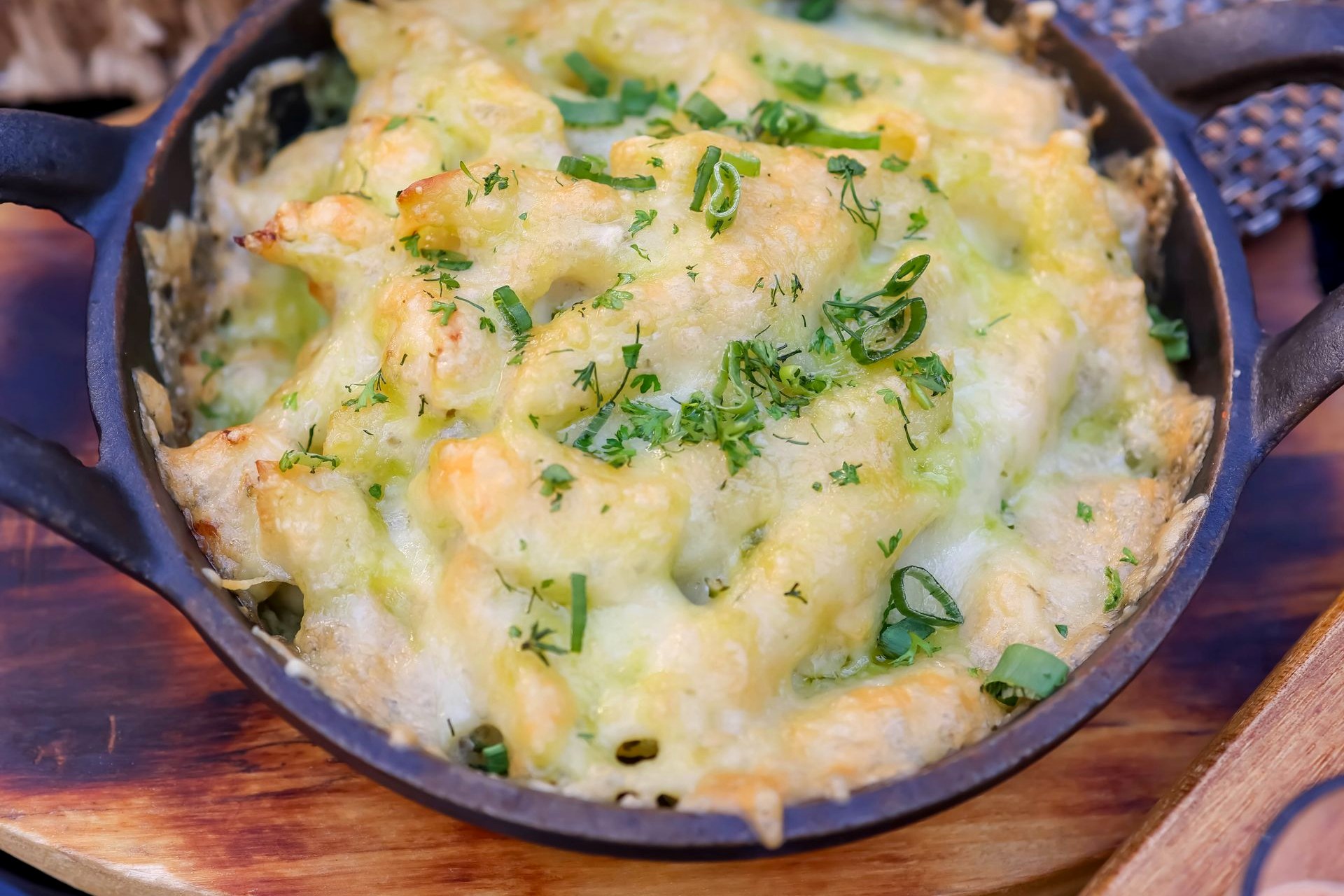 Menu — Pasta Creamy pasta in a blue dish