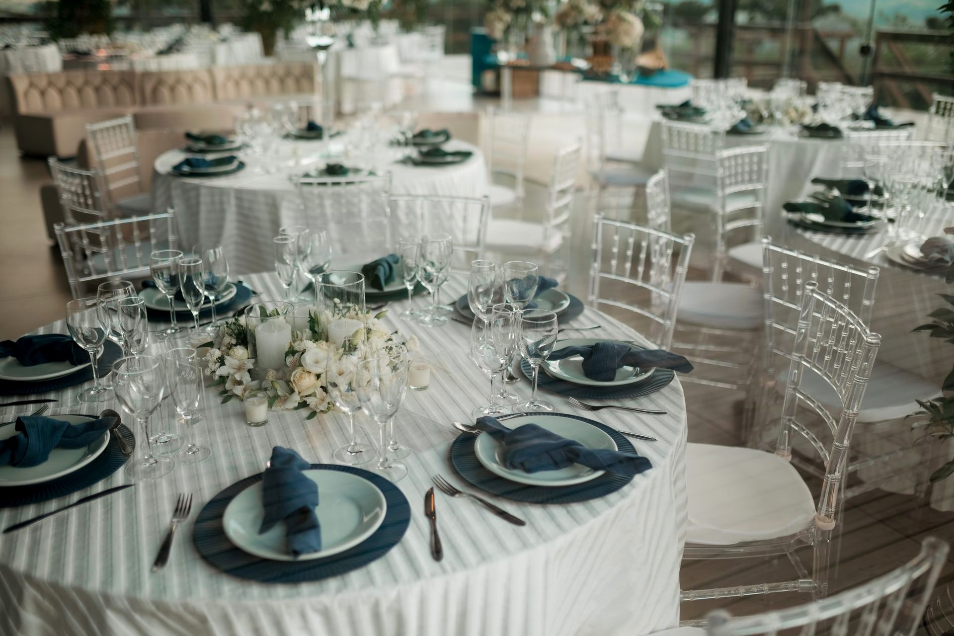 Events & Catering Round tables laid for a wedding reception
